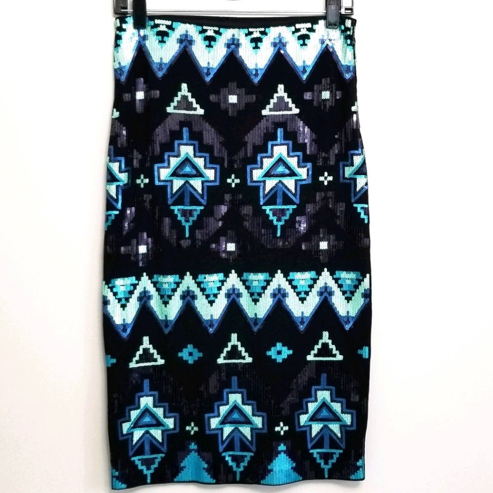 Express sequin aztec black & blue pencil skirt